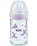 Стъклено шише Nuk - Nature Sense, със силиконов биберон М, 240 ml, лилаво - 1t
